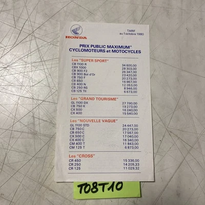 Honda Moto 1980 Lista Precio Tarifas CX CB CR CM XLS Etc Prospecto Catálogo - Imagen 1 de 2