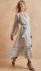 Banana Republic NWT $120 SZ M BOHO Tie Waist MAXI DRESS Sheer White Metallic - Picture 1 of 4
