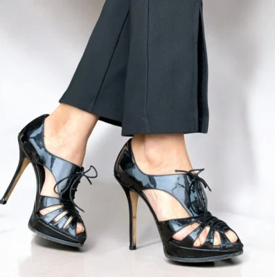 CHRISTIAN DIOR Black Patent Leather Cutout Peep Toe Lace Up Booties, Size 37.5 - Image 1 of 4