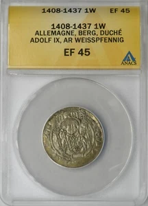 1408-1437 German States Berg Adolph IX AR Weisspfennig ANACS EF45 ✪COINGIANTS✪ - Picture 1 of 2