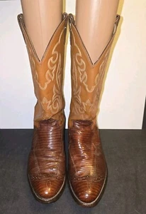 Justin Mens Western Cowboy Boots Rare Embroidery 8382 Lizard Leather Size 10 D - Picture 1 of 10