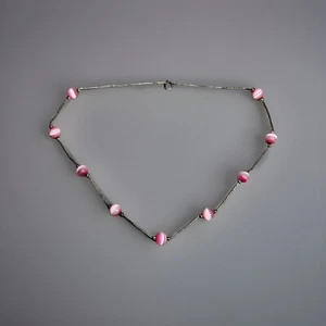 Jordan 925 Vintage Sterling Silver Pink Cat’s Eye Necklace 16” - Picture 1 of 5