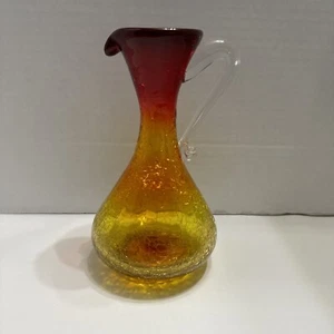 Vintage Amberina Crackle Art Glass Pitcher Vase Red to Yellow 7 1/2" Tall - Picture 1 of 6