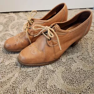 70s Vintage Embroidered leather Platform Shoes Women’s sz 9 Oxford Dance Heels - Picture 1 of 9