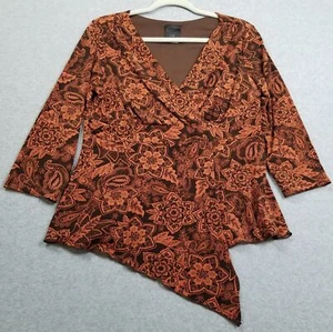 J.t.b Top Womens Large Orange Brown Floral ¾ Sleeve Blouse V Neck Stretch Jersey - Picture 1 of 8
