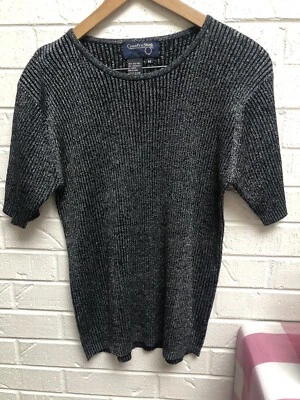 Silver Silk And Black Metallic Womens Short Sleeve Scoop Neck Sweater Size M  - Image 1 of 4