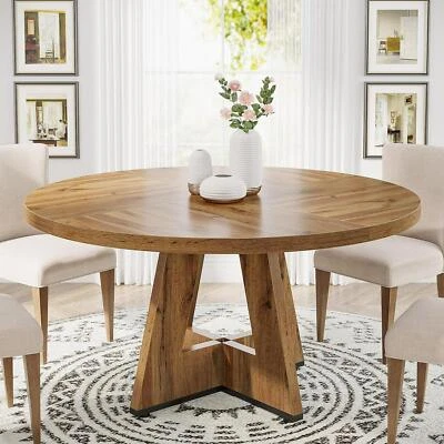 Round Farmhouse Dining Kitchen Table in Rustic Light Brown Finish 47in Diameter - Image 1 of 4