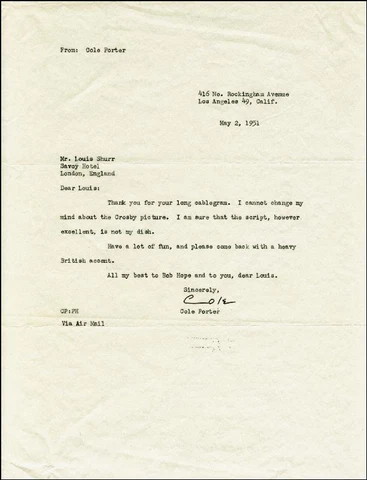 COLE PORTER - TYPED LETTER SIGNED 05/02/1951 Cover