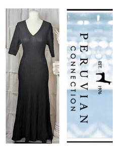 Maxi Vestido Peruvian Connection Negro Acanalado Algodón Pima Manga Corta Tejido Talla S - Imagen 1 de 8