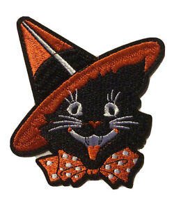 Chat noir chapeau de sorcière patch cravate nœud vintage reproduction Halloween rétro fer à repasser mignon