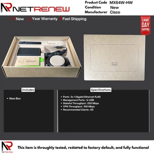 UNCLAIMED NEW Cisco Meraki MX64W-HW Firewall Security Appliance - Picture 1 of 1