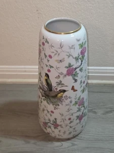 Vintage Gerold Porzellan Tellau Bavaria West Germany Blumen Vögel Goldrand Vase  - Bild 1 von 8