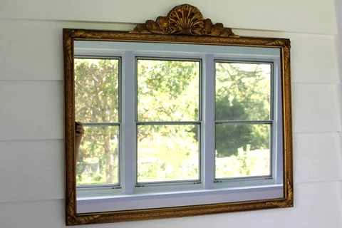 26"Hx34W Vintage Regency Gold Wood Framed Wall Hanging Mirror with Crown Cover