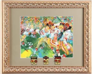 LeRoy Neiman Joe Montana At The Super Bowl Framed Art Print & 3 Super Bowl Pins - Picture 1 of 1