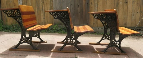 Antique wood and cast iron kid's school desks set of three Buffalo Hardware Co Cover