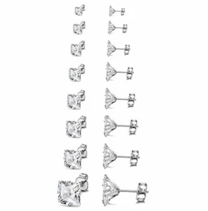 8 Pairs Women Men Stainless Steel Cut Clear Black CZ Stud Earrings Set 3mm-10mm - Picture 1 of 17
