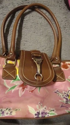 Chaps Canvas Purse/Bag Vegan Leather Trim Pink Floral Horse Bit Closure     322 - Image 1 of 4