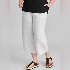 FLAX | Women’s White 100% Linen Elastic Waist Wide Leg Panel Pants size Large - Picture 1 of 10