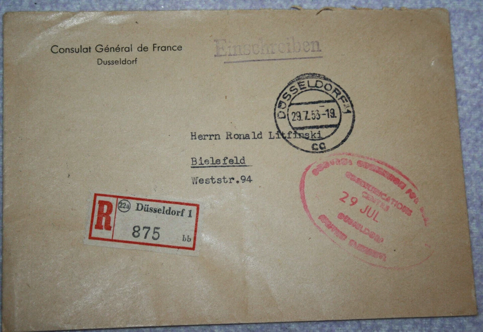 Einschreiben Brief mit R-Zettel Düsseldorf nach Bielefeld am 29.7.53 Sehr (3392) - Bild 1 von 2