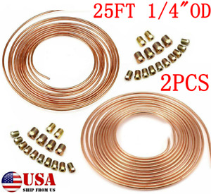 2 Pcs Steel Copper Brake Line Hose Tubing Kit 1/4 In OD 25ft Coil Roll Universal