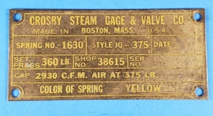 Crosby Steam Gage Valve Co. Brass Name Plate 1 1/2" x 3 1/4" Steampunk - Picture 1 of 5