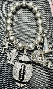 Football One ROW Beaded Stretch Rhinestone & Charms Bracelet.  ! SUPER BLING! - Picture 1 of 3