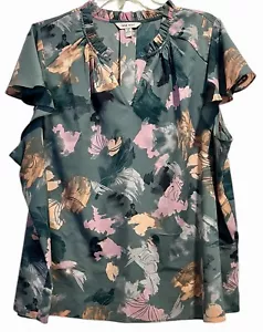 Nine West Womens Top Size 2X Spring Green Floral Cap Flutter Sleeve Ruffle Boho - Picture 1 of 7