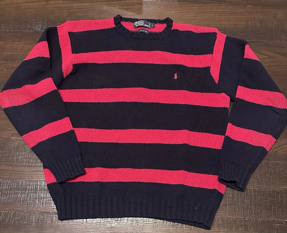 Suéter Vintage Polo Ralph Lauren Para Hombre Grande Rojo Azul Marino 100% Algodón Rayas Foto 1 de 4