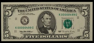 FR 1985-K $5 1995 Federal Reserve Note US - Low 3 Digit Fancy SN - UNC - CA1664 - Picture 1 of 2