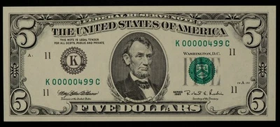 FR 1985-K $5 1995 Federal Reserve Note US - Low 3 Digit Fancy SN - UNC - CA1664 - Image 1 of 2