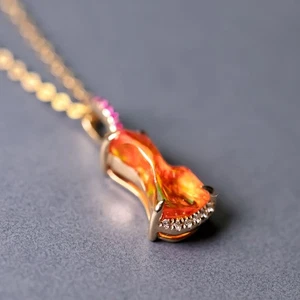 Stunning Red  Fire Opal Diamond Pink Sapphire Pendant ONLY 18K Yellow Gold - Picture 1 of 10