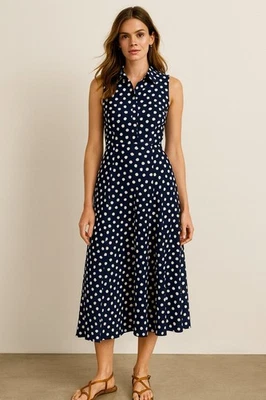 KATE SPADE Vestido Midi Sin Mangas Ajuste Acampanado Lunares Azul Marino Preppy Informal 10 Foto 1 de 4