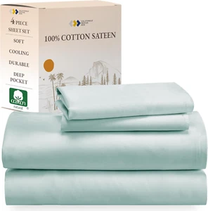 Natural 100% Cotton Sheets Full Size Bed Set with Deep Pockets - Soft Sateen Wea - Picture 1 of 8