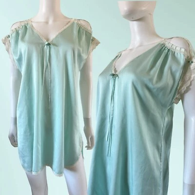 CAMISÓN DE COLECCIÓN AÑOS 70 GILEAD VERDE MENTA HOMBRO FRÍO ENCAJE RIBETE SE AJUSTA A S-M Foto 1 de 4