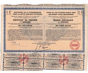  JORDAN TRANSJORDAN O.P.D.A. Certificat d'obligation de dette publique ottomane avec coupons