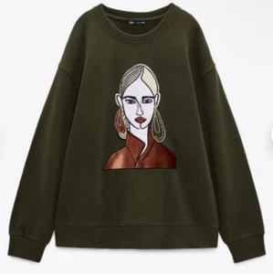 Stunning ZARA Pullover Olive Green With 3D Graphic Sz S Oversized - Picture 1 of 10