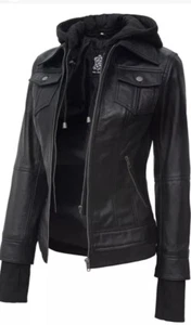 Real Leather Betty Black Hooded Jacket Womens 3XLBiker Removable Lining/Hood NWT - Picture 1 of 7