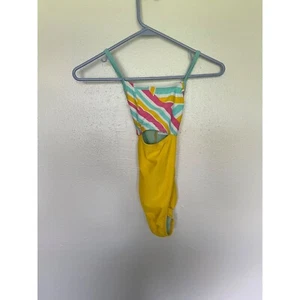Speedo Swimsuit Girls Size M Yellow with Aqua Pink Peekaboo Stomach - Picture 1 of 6