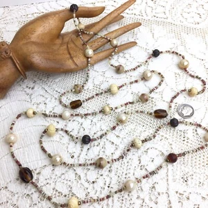 Vintage Hippie Boho Bead Necklace Long Flapper Agate Seed Stone Art Glass Italy - Picture 1 of 8