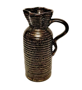 Brown w Green Stoneware Pitcher Vase Earthenware Glaze Pottery Ribbed 12" - Picture 1 of 6