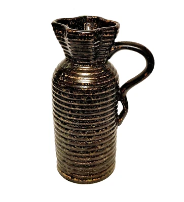 Jarrón jarra de gres verde marrón con esmalte de loza cerámica acanalada 12" Foto 1 de 4