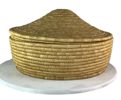 Vintage Coiled Hand Woven Basket & Lid Light Wood Brown Bohemian Decore Medium Cover
