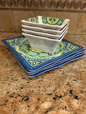 8 Piece Cynthia Rowley Melamine 4 Square Dinner Plates 4 Square Bowls Green Blue - Image 1 of 4