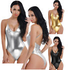 Frauen Glänzende Einteiler Monokini Badeanzug Tiefe V Bodysuit Bademode Dessous