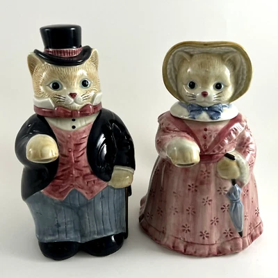 Juego de tetera antropomórfica gato vestido vintage Dapper caballero y dama Takahashi Foto 1 de 4