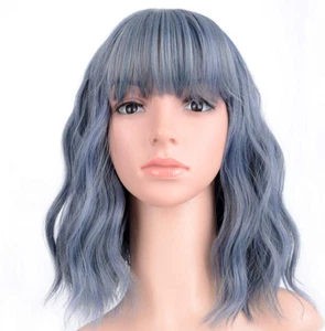 VCKOVCKO 12" Pastel Mix Blue Wavy Wig Short Bob air bangs girl Women curly hair - Picture 1 of 14