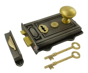 OLD VINTAGE VICTORIAN RUSTIC RETRO RIM DOOR LOCK LATCH + RIM DOOR KNOB SET - Picture 1 of 2