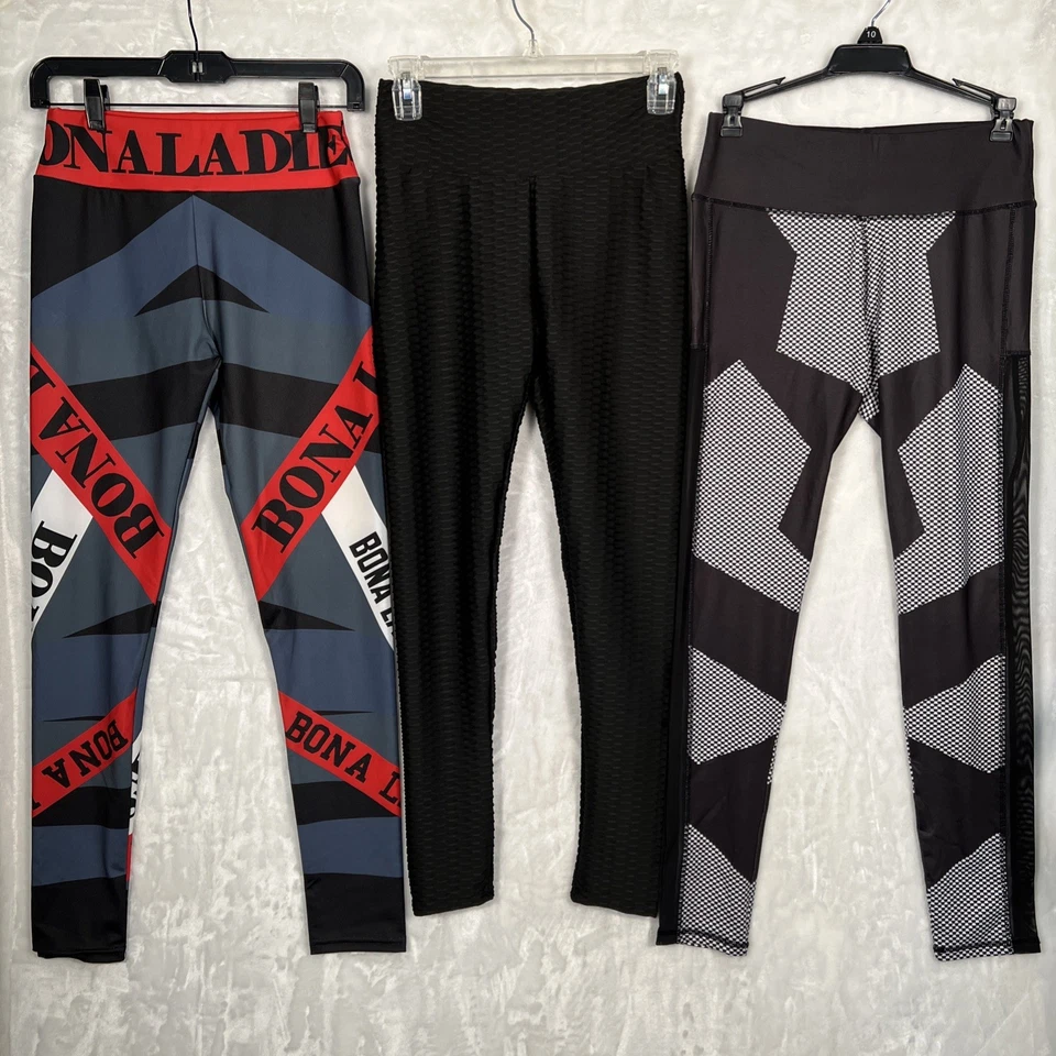 Lote de 3 pares de leggings para mujer talla mediana lisos, estampado animal, abstractos Foto 1 de 4
