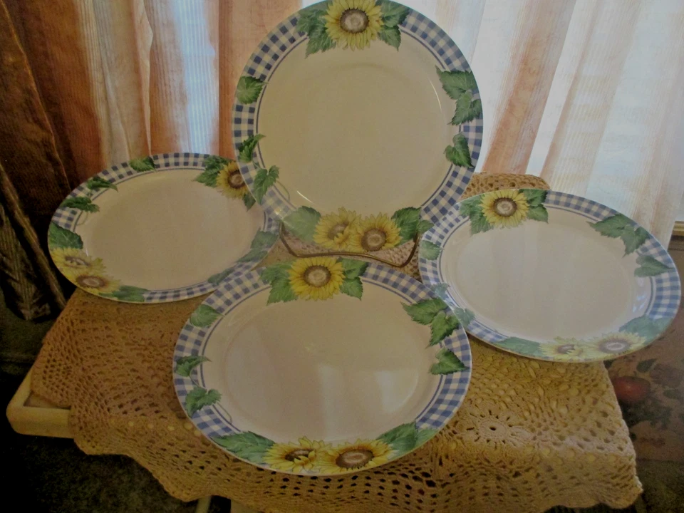 Corelle By Corning SUNSATIONS Blue Plaid Yellow Sunflowers Dinner Plates Set 4 - Image 1 of 4