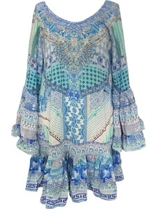 Camilla Blue Silk Embellished Beaded Kaftan Flared Sleeves Dress Boho - XS - Picture 1 of 11